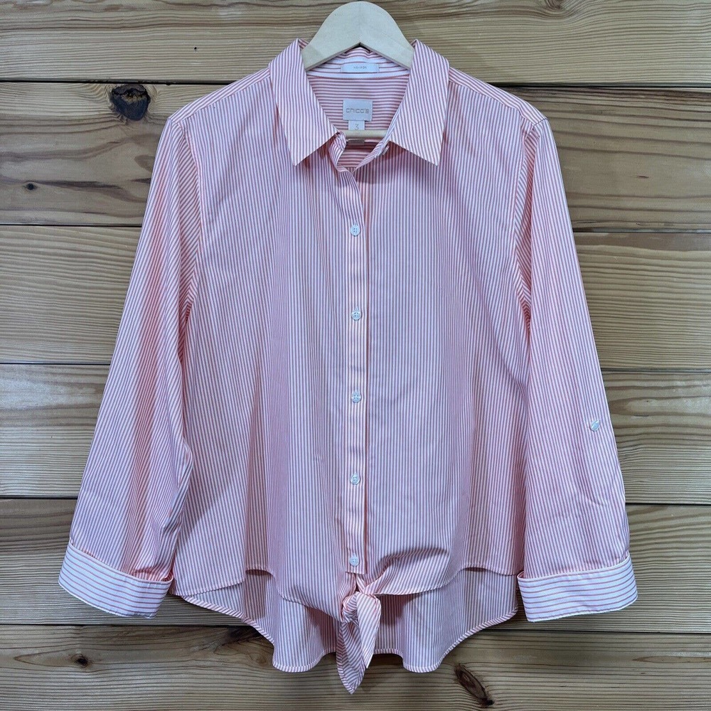 Chicos 3 XL Shirt Orange White Stripe Tie Waist Contrast Cuff Cotton B83